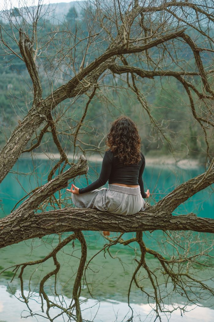 about-002 A woman practices meditation on a tree branch over a tranquil lake, embracing nature's serenity.